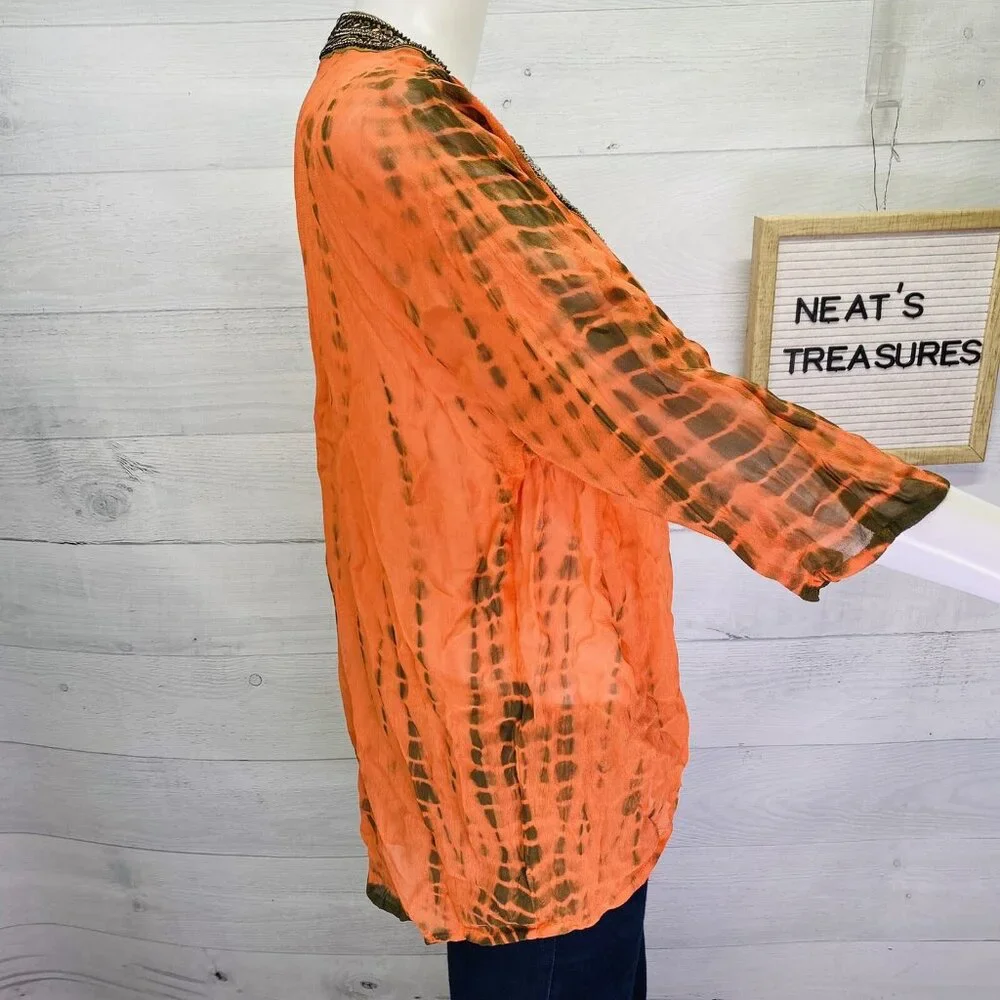 Michael Kors Switzerland Orange Brown Sheer Embellished V Neck Tunic Top Size S - Picture 5 of 16